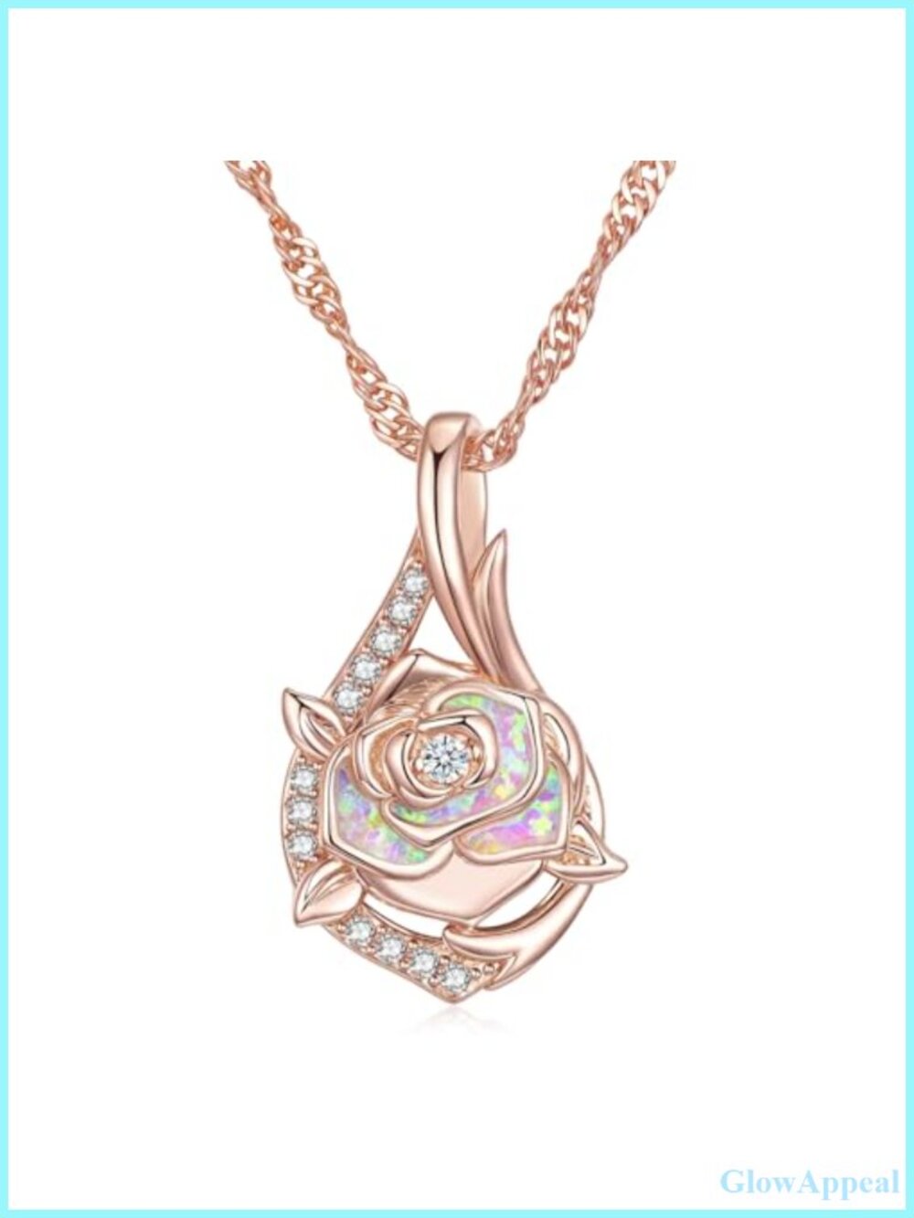 18K Rose Gold Plated Opal Pendant Necklace Rose Flower Birthstone Jewelry